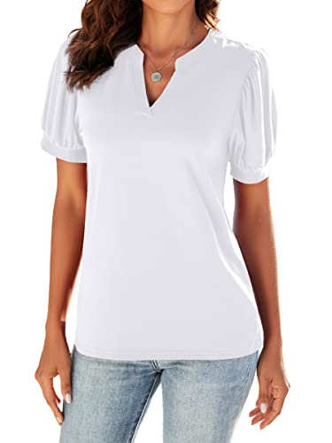 Neineiwu Women Dressy Casual V-Neck T-Shirts Loose Puff Short-Sleeve Tops Tunic Blouse