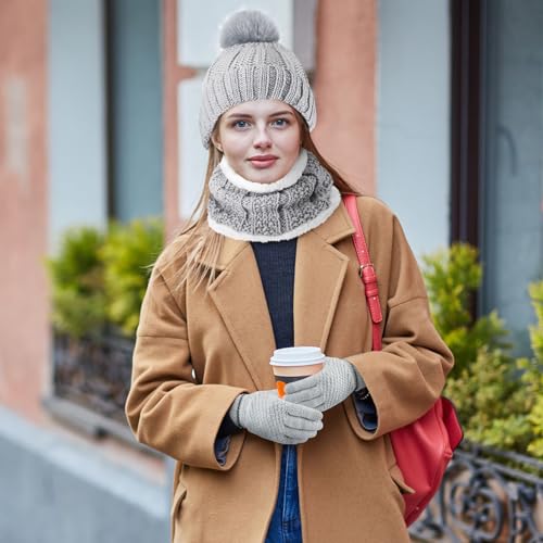 SATINIOR 5 Pcs Winter Hat Scarf Gloves Set Knit Beanie Pompom Hat Warm Touch Screen Gloves Earmuff Warmer Stocking for Women(Grey,Classic Style)