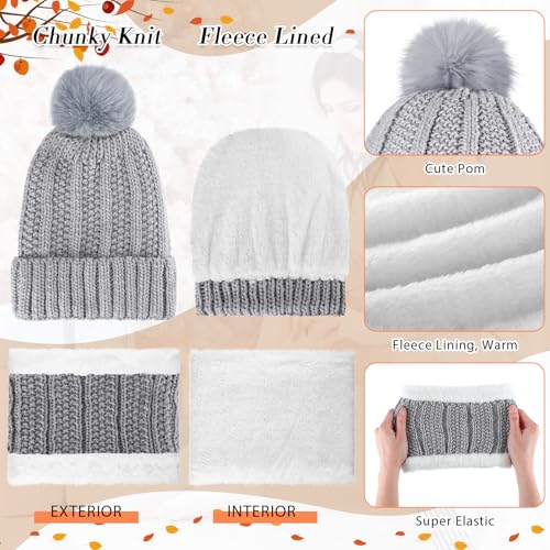 SATINIOR 5 Pcs Winter Hat Scarf Gloves Set Knit Beanie Pompom Hat Warm Touch Screen Gloves Earmuff Warmer Stocking for Women(Grey,Classic Style)