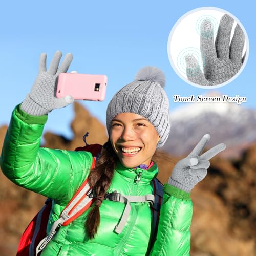 SATINIOR 5 Pcs Winter Hat Scarf Gloves Set Knit Beanie Pompom Hat Warm Touch Screen Gloves Earmuff Warmer Stocking for Women(Grey,Classic Style)