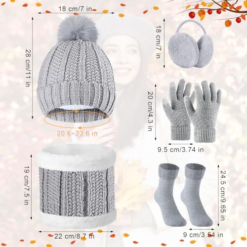 SATINIOR 5 Pcs Winter Hat Scarf Gloves Set Knit Beanie Pompom Hat Warm Touch Screen Gloves Earmuff Warmer Stocking for Women(Grey,Classic Style)