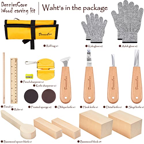 DenniesCare Wood Carving Kit Wood Whittling Kit for Beginners 20pcs Wood Carving Tools with 4pcs Carving Knife, Basswood Wood Blocks, Gloves, Storage Bag, Frosted Sponge, Gifts Set for Kids