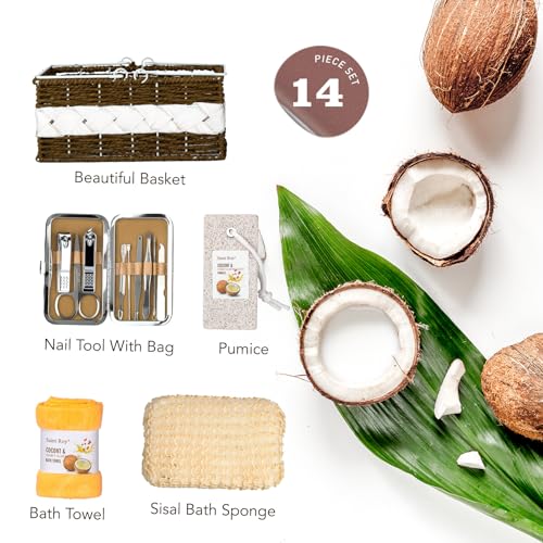 Fathers Day gift Basket for Women, Shower Bath Kit, Personal Care Gift Set, Coconut & Honey Almond Beauty, Home Bath Pampering Large Size Luxury Bath and Body Home Spa Kit, Mother's Day Gifts for Mom