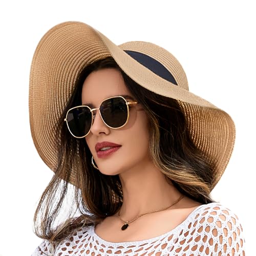 Beach Hat for Women, Wide Brim Sun Straw Hat for Women, Sun Hat Womens UPF 50+ UV Protection, Floppy Foldable Summer Hat