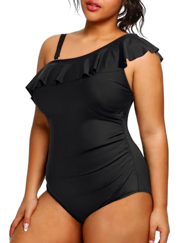 Aqua Eve Plus Size Bathing Suits for Women One Piece Swimsuits One Shoulder Ruffle Tummy Control Swimwear