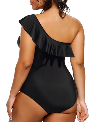 Aqua Eve Plus Size Bathing Suits for Women One Piece Swimsuits One Shoulder Ruffle Tummy Control Swimwear