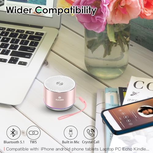 XLEADER A6 Mini Bluetooth Speaker, IPX7 Waterproof Shower Speaker with Lanyard, Small Speaker with Lights and Mic, Cute Pink Bluetooth Speaker for iPhone Laptop Bathroom Office, Gifts for Girls Women