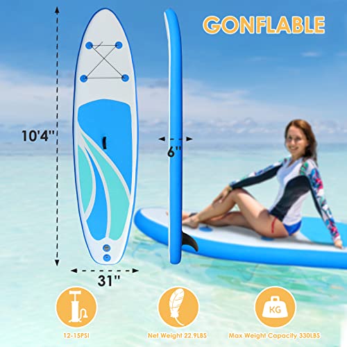 Inflatable Stand Up Paddle Board for Adult All Skill Levels- 10'4" Ultra-Light SUP Paddleboard with Durable Non-Slip Deck and Paddle Board Accessories Fins, Adjustable Paddle, Pump, Backpack, Leash