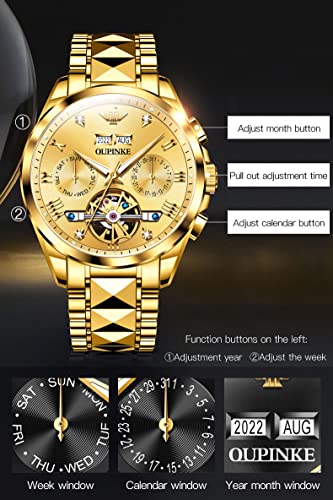 OUPINKE Men's Skeleton Mechanical Watches Luxury Dress Automatic Self Winding Sapphire Crystal Waterproof Tungsten Steel Band Wrist Watches