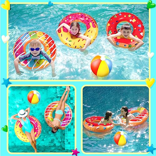 90shine 7PCS Donut Pool Floats: Doughnut Swimming Rings with 13.5" Beach Balls - Inflatable Tubes Floaties Toys for Kids Adults