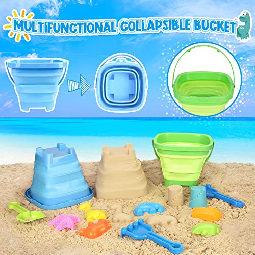 Beach Toys, 31Pcs Sand Toys, Sandbox Toys with 2 Truck 2 Collapsible Sand Bucket, Shovel Set, Sand Castle Kit, Animal Dinosaur Molds etc. Mesh Bag, Travel Toys for Kids Toddlers Boys Girls