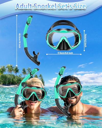 Snorkeling Gear for Adults, Dry Snorkel Set, Panoramic Anti-Leak and Anti-Fog Tempered Glass Lens, Adjustable Snorkeling Gear with Mesh Bag Ear Plug for Snorkeling Scuba Diving Travel