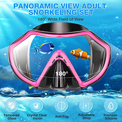 Snorkeling Gear for Adults, Dry Adult Snorkel Set HD Panoramic View Snorkel Mask Set, Anti-Leak and Anti-Fog Scuba Diving Package with Mesh Bag Ear Plug for Snorkeling Scuba Diving Travel