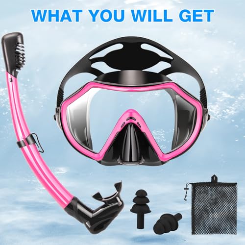 Snorkeling Gear for Adults, Dry Adult Snorkel Set HD Panoramic View Snorkel Mask Set, Anti-Leak and Anti-Fog Scuba Diving Package with Mesh Bag Ear Plug for Snorkeling Scuba Diving Travel