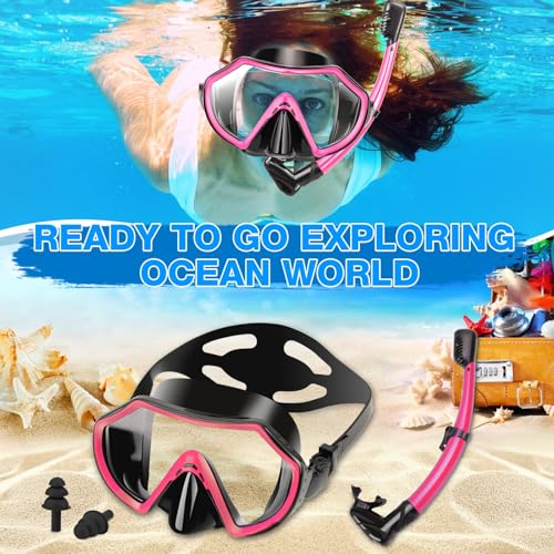 Snorkeling Gear for Adults, Dry Adult Snorkel Set HD Panoramic View Snorkel Mask Set, Anti-Leak and Anti-Fog Scuba Diving Package with Mesh Bag Ear Plug for Snorkeling Scuba Diving Travel