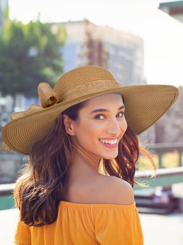 Womens Sun Hat - Wide Brim Floppy Beach Hats for Women Foldable Straw Hat with Heart Shaped Sunglasses UPF 50+