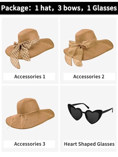 Womens Sun Hat - Wide Brim Floppy Beach Hats for Women Foldable Straw Hat with Heart Shaped Sunglasses UPF 50+