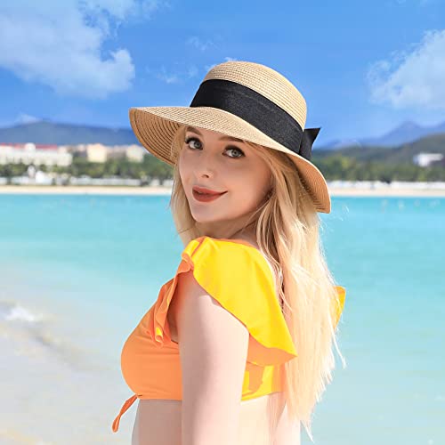 Beach Sun Hats for Women, Straw Hat for Women UPF 50+ UV Sun Protection Summer Hat Foldable Roll up Cap