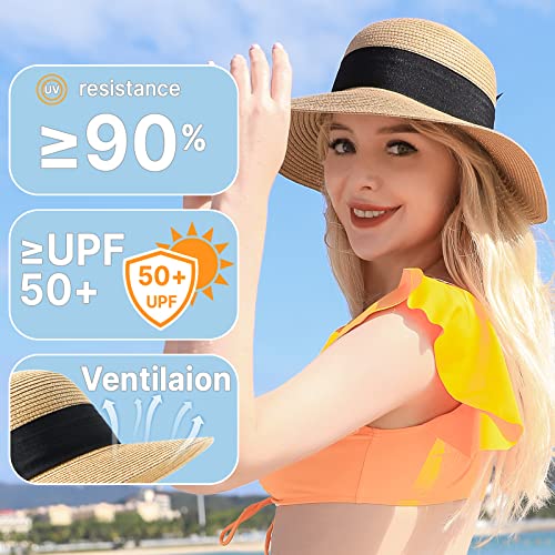 Beach Sun Hats for Women, Straw Hat for Women UPF 50+ UV Sun Protection Summer Hat Foldable Roll up Cap