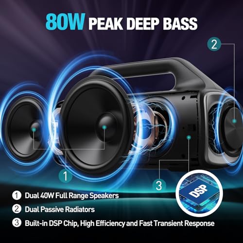 Portable Bluetooth Speakers, 80W Peak Wireless Outdoor Speaker with Subwoofer, Deep Bass, IP67 Waterproof, 100dB Loud Party Speakers for Camping, Beach, Garage