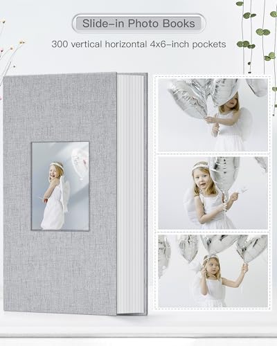 Popotop Photo Album 4x6-300 Photos Linen Cover Photo Books with 300 Horizontal Pockets,Slip-in Picture Albums for Family Wedding Anniversary Baby Vacation Pictures Gray