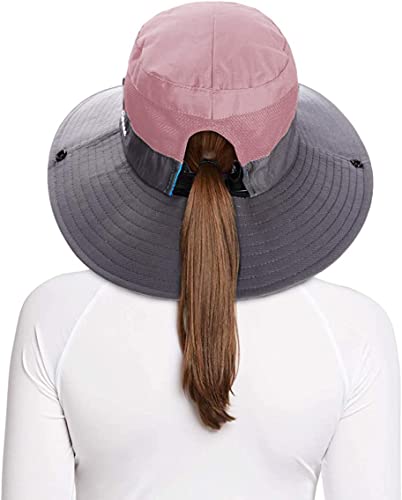 Rosoz Ponytail Sun Bucket Hats for Women UV Protection Foldable Mesh Wide Brim Hiking Beach Fishing Summer Safari