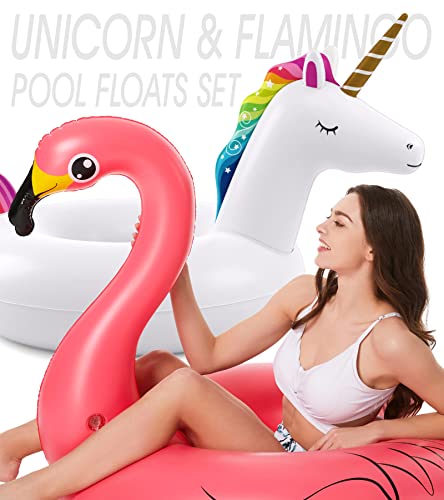 Inflatable Unicorn Flamingo Pool Floats - Jasonwell 2 Pack Pool Floaties Inflatables Rafts for Swimming Pool Tubes for Floating Lake Beach Floaty Swim Rings Pool Party Toys for Adults Kids