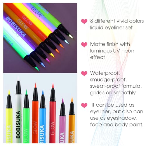 BOBISUKA 8 Colors UV Neon Liquid Eyeliner Set, Matte Colored Eyeliners Pen, Colorful Waterproof Smudge-proof Pigmented Graphic Liners, Delineadores de Colores Para Ojos Eye Makeup Gift Kit