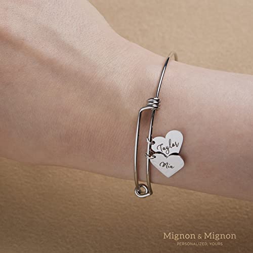 MignonandMignon Personalized Heart Bracelets for Women Handmade Custom Engraved Name Bangle - ABR-MH