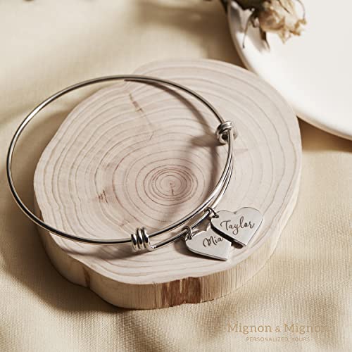 MignonandMignon Personalized Heart Bracelets for Women Handmade Custom Engraved Name Bangle - ABR-MH