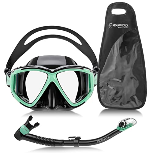 Italian Design Panto-180 Premium Tempered Glass Lens Anti-Fog Panoramic Side-View Snorkel Mask, Superior Dry Snorkel Tube, Quick Adjust Fins, Snorkeling Gear for Adults Snorkel Set