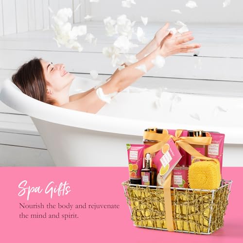 Fathers Day Mother's Day Spa Gift Baskets for Women, Citrus & Pink Grapefruit Spa Gift Woman, 11 Pcs Self Care Kit Gifts Including Bubble Bath, Massage Oil, Bath Salt, Birthday Gifts for Women