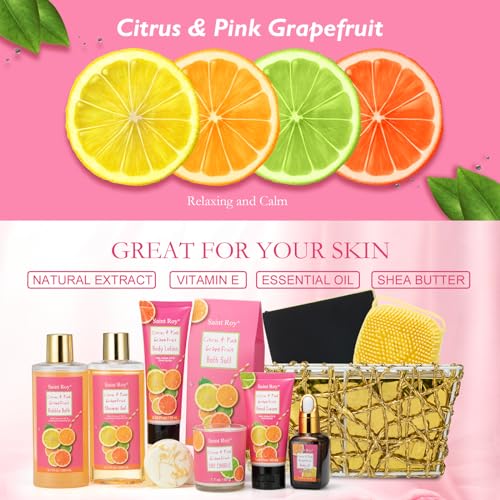 Fathers Day Mother's Day Spa Gift Baskets for Women, Citrus & Pink Grapefruit Spa Gift Woman, 11 Pcs Self Care Kit Gifts Including Bubble Bath, Massage Oil, Bath Salt, Birthday Gifts for Women