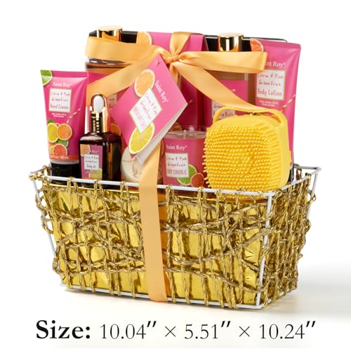 Fathers Day Mother's Day Spa Gift Baskets for Women, Citrus & Pink Grapefruit Spa Gift Woman, 11 Pcs Self Care Kit Gifts Including Bubble Bath, Massage Oil, Bath Salt, Birthday Gifts for Women