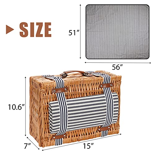 Wicker Picnic Basket for 2, Willow Hamper Basket with Large Insulated Cooler Compartment, Picnic Sets with Waterproof Picnic Blanket, Picnic Basket with 2 Person Kit for Camping, Hiking(Grey)