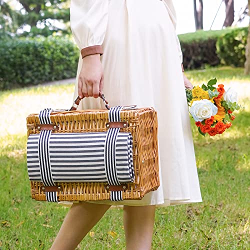 Wicker Picnic Basket for 2, Willow Hamper Basket with Large Insulated Cooler Compartment, Picnic Sets with Waterproof Picnic Blanket, Picnic Basket with 2 Person Kit for Camping, Hiking(Grey)