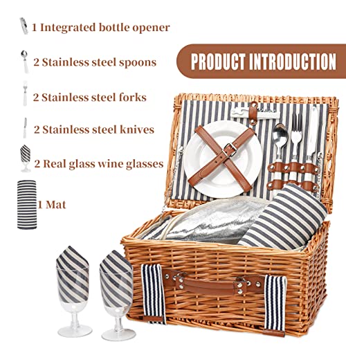 Wicker Picnic Basket for 2, Willow Hamper Basket with Large Insulated Cooler Compartment, Picnic Sets with Waterproof Picnic Blanket, Picnic Basket with 2 Person Kit for Camping, Hiking(Grey)