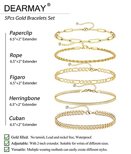 DEARMAY Gold Bracelets for Women Trendy Gold Jewelry Set for Women Cuban Link Chain 14K Gold Plated Filled Figaro Paperclip Rope Herringbone Bracelet Pack 18K Gifts for Women