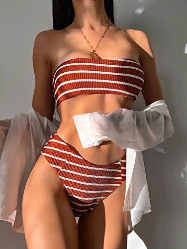 ZAFUL Women Strapless Bikini Set Lace Up Ribbed High Cut Bandeau 2 Piece Swimsuit