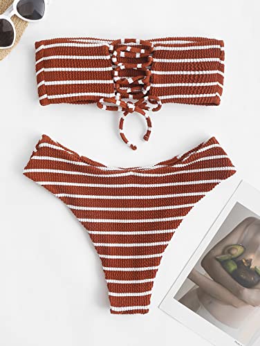 ZAFUL Women Strapless Bikini Set Lace Up Ribbed High Cut Bandeau 2 Piece Swimsuit