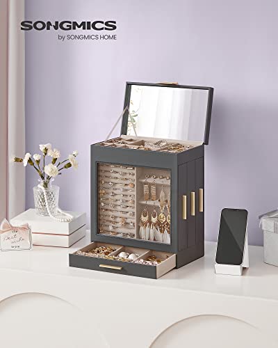 SONGMICS Jewelry Box with Glass Window, 5-Layer Jewelry Organizer with 3 Side Drawers, Jewelry Storage, with Big Mirror, Modern, 6.1 x 10.3 x 12.6 Inches, Slate Gray and Metallic Gold UJBC162G01