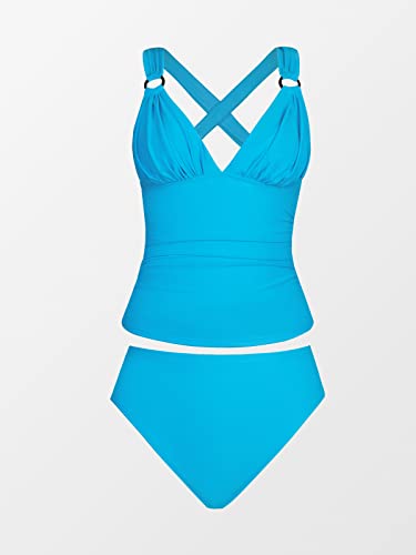 CUPSHE Tankini Bathing Suit for Women V Neck Ruched Two Piece Swimsuit O-Ring Cross Back Self Tie Mid Rise