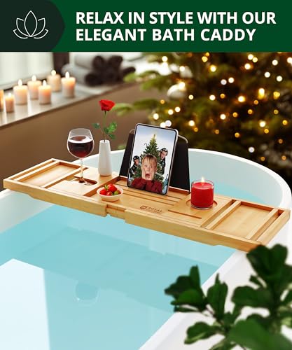 ROYAL CRAFT WOOD Premium Foldable Bathtub Tray - Expandable Bath Tray for Tub - Unique House Warming Bath Tub Tray Wood - Luxury Bathtub & Bathroom Accessories for New Home, Relaxing Spa, Women