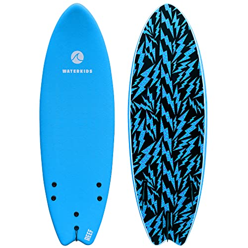 5'6 Reef Kids Surfboard & Leash, Perfect for Learning How to Surf, Made for Kids, Classic Fish Shape Beginner Surfboard, Soft Top Surfboard with Foam Core, Easy to Catch Waves & Progress