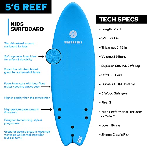 5'6 Reef Kids Surfboard & Leash, Perfect for Learning How to Surf, Made for Kids, Classic Fish Shape Beginner Surfboard, Soft Top Surfboard with Foam Core, Easy to Catch Waves & Progress