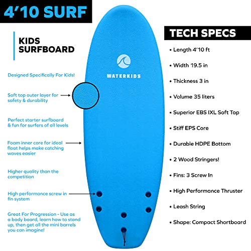 4'10 Kids Surfboard & Leash, Perfect for Learning How to Surf, Made for Kids, Soft Top Surfboard for Beginners with Foam Core, Use As Body Board, Easy to Catch Waves & Learn How to Surf