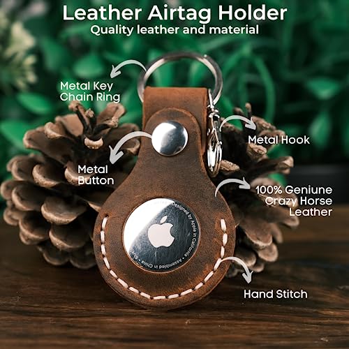 Leather Airtag Case Keychain, Portable Handmade Genuine Leather Airtag Holder (Tan)