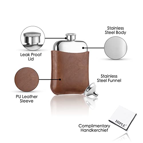 HIPLE® 6oz Hip Flask Gift Set with Free Hiple Handkerchief Premium Tan PU Leather Sleeve and Stainless Steel Funnel Gift for Men Groomsmen Gift Flask Gift and Camping Flask Liquor Gift for Him