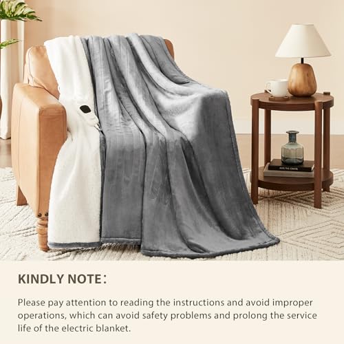 Homemate Heated Blanket Electric Throw - 50"x60" Heating Blanket Throw 1/2/4/6/8 Hours Auto-off 10 Heat Level Heat Blanket Over-heat Protection Flannel Sherpa Heater Blanket Electric ETL Certification