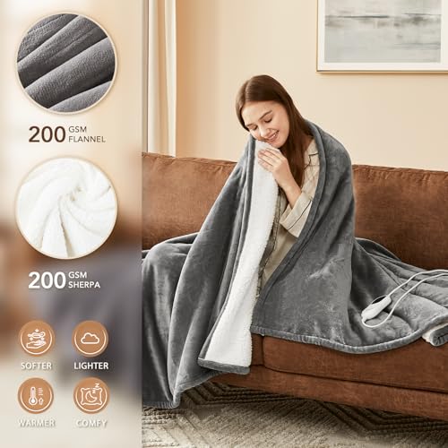 Homemate Heated Blanket Electric Throw - 50"x60" Heating Blanket Throw 1/2/4/6/8 Hours Auto-off 10 Heat Level Heat Blanket Over-heat Protection Flannel Sherpa Heater Blanket Electric ETL Certification